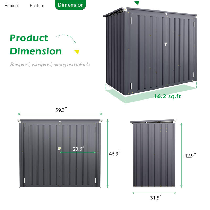 5 Ft. W X 3 Ft. D Metal Horizontal Garbage Shed, Grey