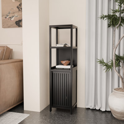 Black Linen Tower Cabinet For Bathroom, Kitchen, Pantry - 52 Foot Height, 2 Open Shelves, Quick Assembly Laundry Room Tier