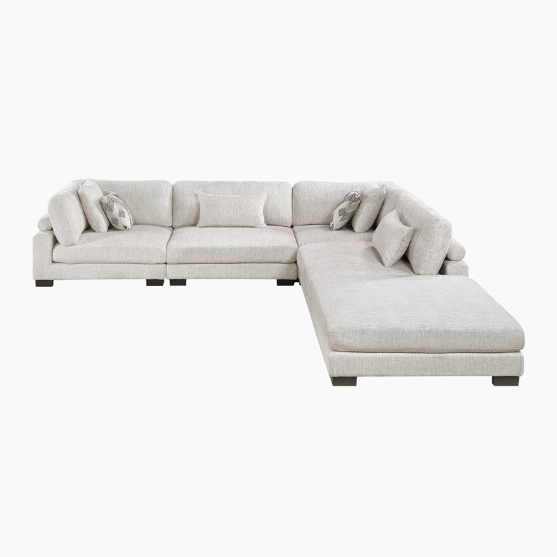  Brinsley 135" Modern Modular Sectional with Microfiber Fabric, Included Ottoman & 6 Pillows, Beige Microfiber