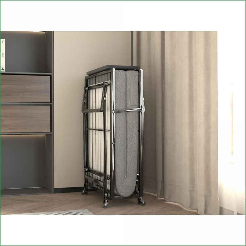 Twin Size Metal Folding Bed Frame with 4” Foam Mattress, 300lbs Capacity, Portable Roll-Away for Guest Rooms
