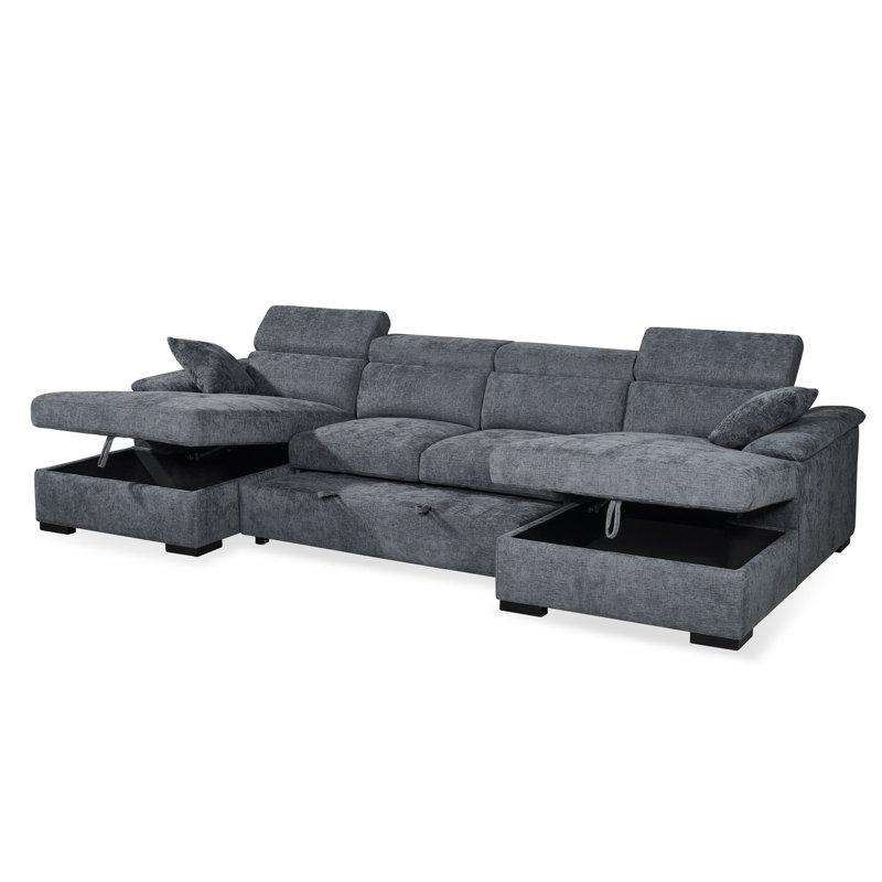 4 Seater Chenille Sofa Bed with Storage, Blue Chenille