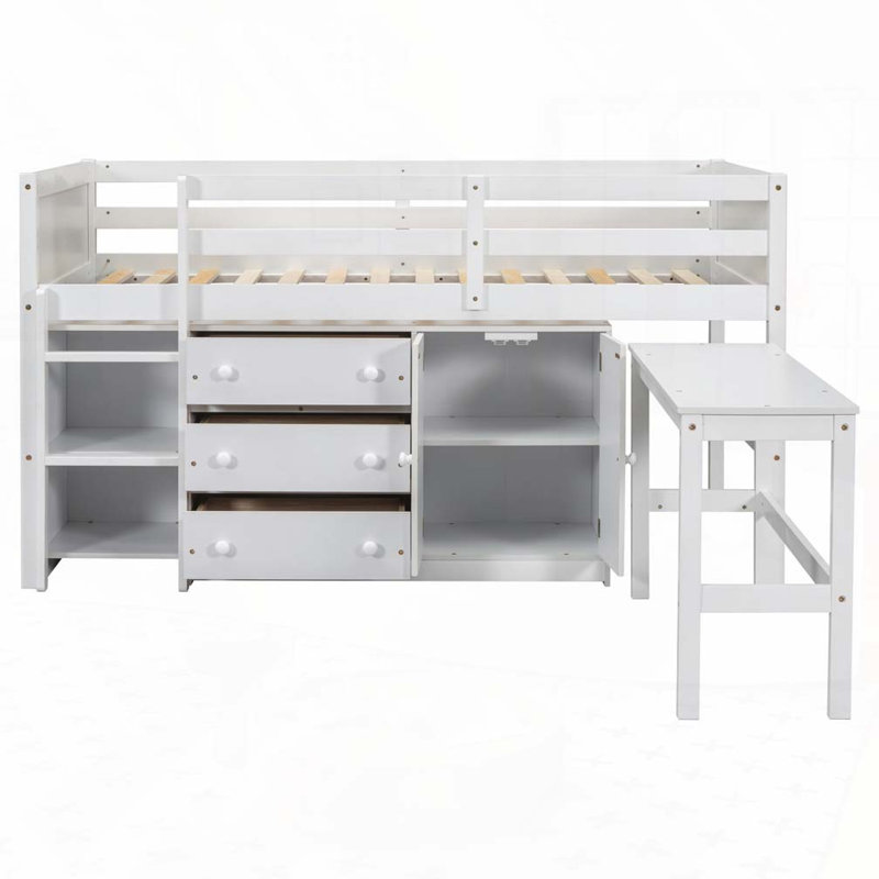 Lit avec bureau coulissant, tiroirs, armoire et tablettes