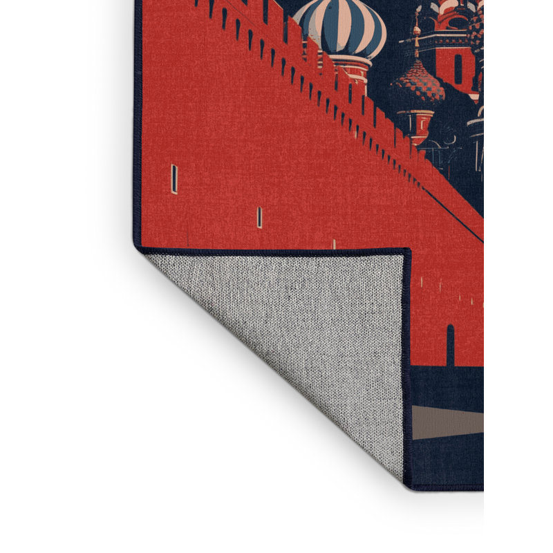 Machine Washable Pandelica Moscow Kremlin Classic Block Print Rug in Gray – Navy Binding, 8x12