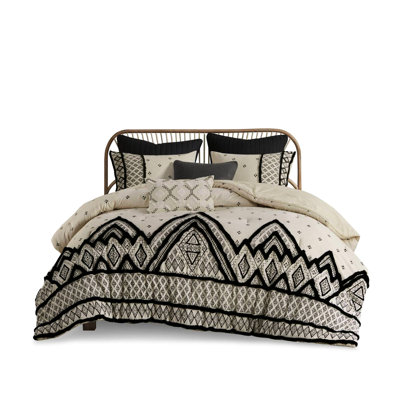 Cotton And Flax Linen Comforter King/ King. Modern Decor. Black Diamond Print. Chenille Textured Trim. Natural Feel. Washable King . Linen. Textured. Hidden Bartacks.