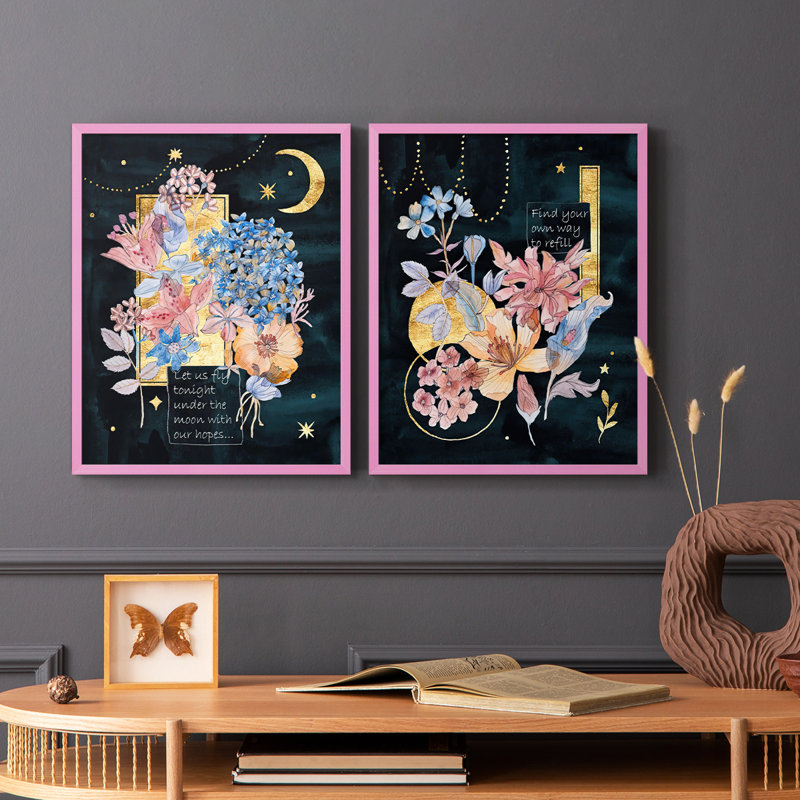 «Moonlight Flowers I», reproduction encadrée de qualité supérieure - prête à être accrochée - aucun clou requis - aucun clou requis