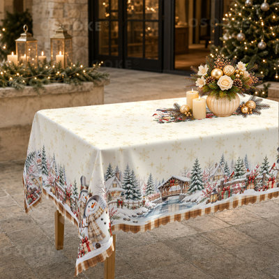 Winter Snowman Tablecloth with Snowy Village Cottage and Pine Tree Border