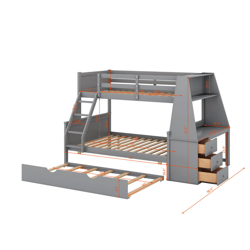 Twin Over Full Bunk Bed With Trundle And Desk, Three Storage Drawers And Shelf, Gray