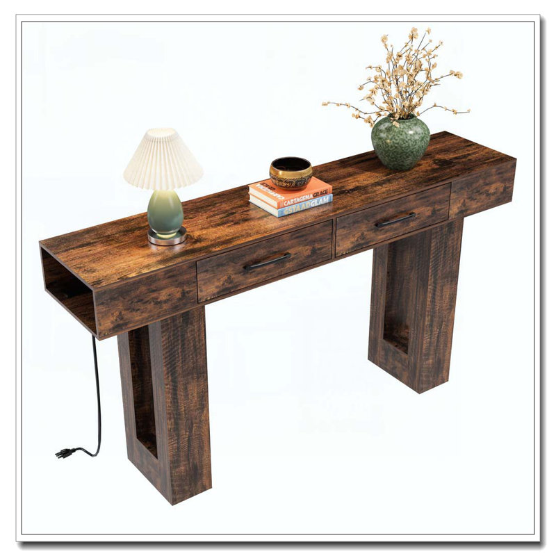 Console de 63 pouces de long avec canapé rectangulaire en bois derrière le canapé, Brun rétro