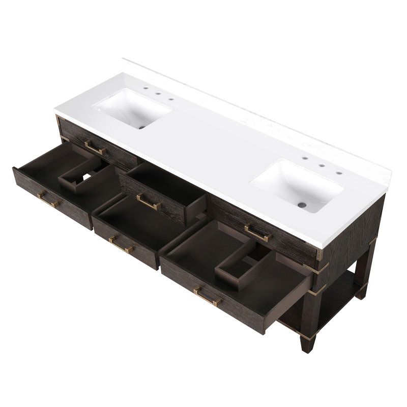 Chêne brun 72 po Meuble-lavabo double X 22 avec plateau en marbre de culture - construction en bois massif, fermeture en douceur, 4 tiroirs et armoire ouverte pour les options de rangement