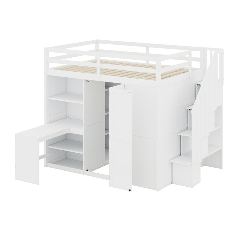 Lit mezzanine avec garde-robe, bureau et tablettes, Blanc