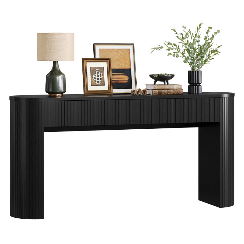 55'' Tambour Console Table With Oval Tabletop For Living Room Hallway Foyer Entrance Study, Black