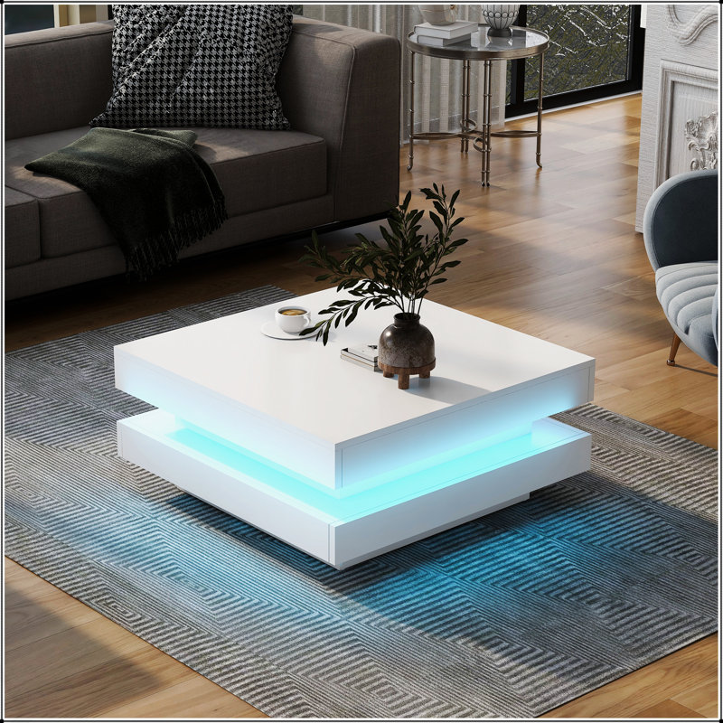 Table basse carrée à 2 niveaux avec lumières DEL enfichables de 16 couleurs, durable et élégante pour les salons modernes