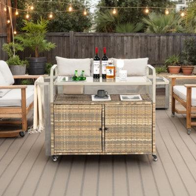 Outdoor Rolling Wicker Bar Cart, Large Portable Outdoor Wicker Bar Table With Cabinet Storage And Steel Countertop, Patio Wicker Serving Bar Cart For