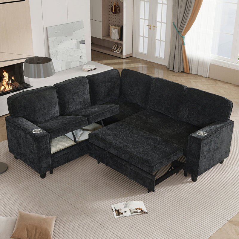 Canapé en L avec canapé-lit, canapé-lit avec siège de rangement, canapé-lit modulaire à 5 places avec port USB, canapé-lit modulaire pour salon, appartement