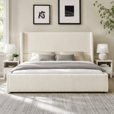 Elegant White Fabric Upholstered Bed with Tall Headboard, KING