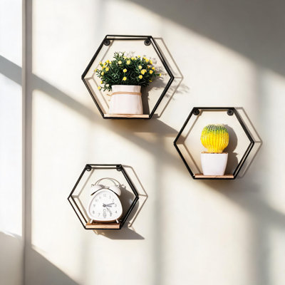 Étagère flottante hexagonale murale en bois naturel