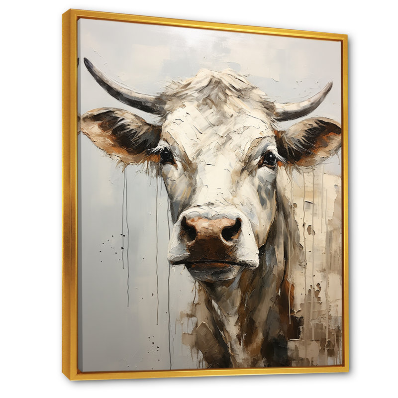 Minimalisme, portrait de vache beige I sur toile, Cadre flottant doré, H 32 po x l 24 po x P 1 po