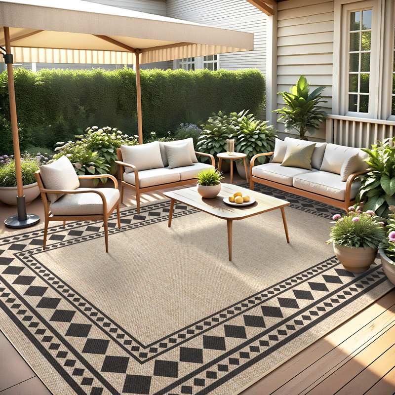 Modern Non Slip Washable Jute Area Rug Geometric Bordered Carpet Soft Collapsible Indoor Outdoor Large Floor Mat for Living Room Bedroom Dining Room Hallway
