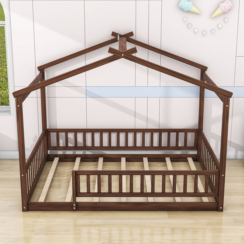 Vonie Wood Daybed with Roof and Slats, Walnut, Full/Double