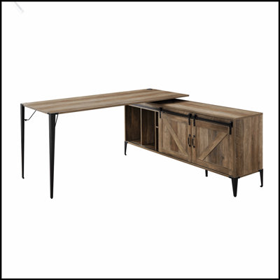 Bureau d'écriture rustique en L avec rangement pour porte de grange coulissante et pieds en métal durables pour le bureau à domicile