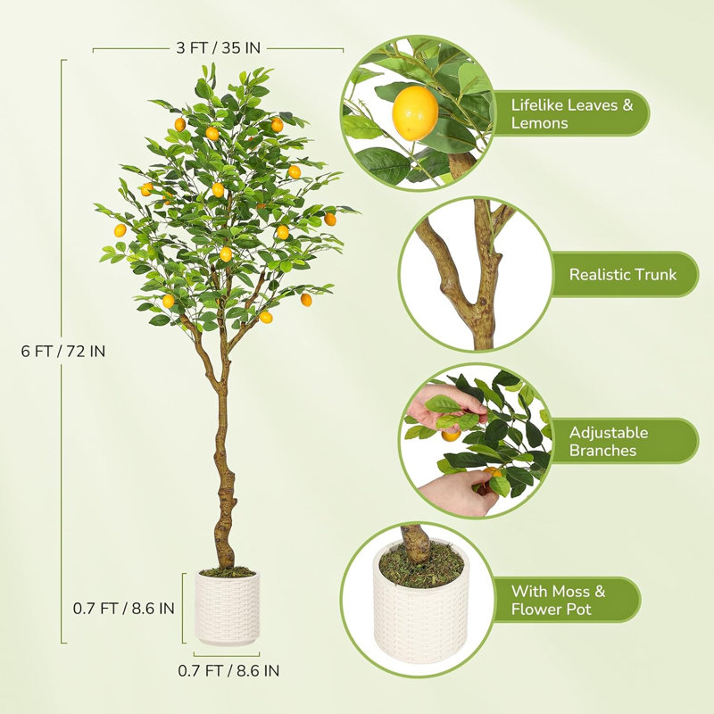 5FT/6FT Artificial Lemon Tree, Fake Lemon Plant with/without Lights, Faux Lemon Tree with Realistic Trunk and Fruits, Suitable for Indoor Home Decoration Balcony Living Room