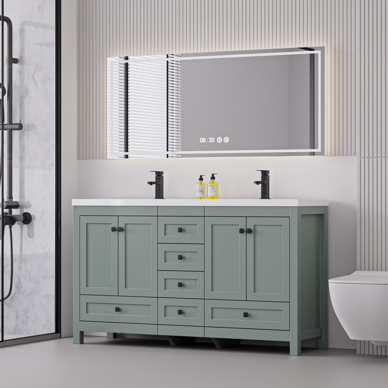  Wimer 60" Double Sink Bathroom Vanity With Resin Sink Top, Bathroom Sink Faucet and Pop up Drain, Hand Painted, EPA Certified, Assembly Required