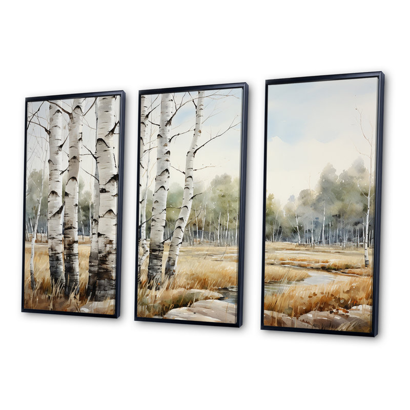 Ensemble d'art mural en toile beige et gris avec bouleau, Cadre flottant noir, H 32 po x l 48 po x P 1 po