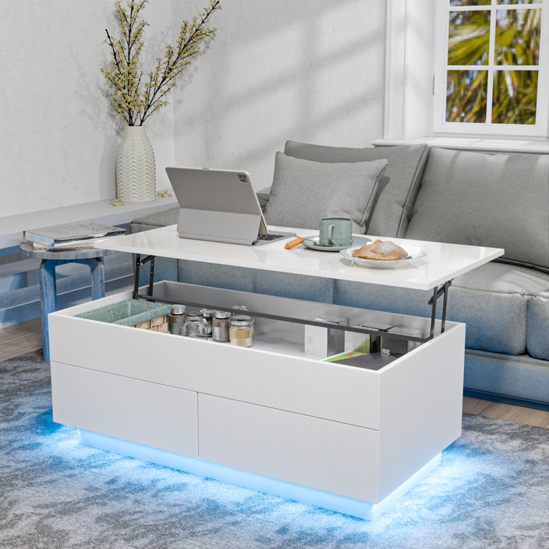 Aviad Lift Top Coffee Table with Multifunctional RGB LED Lights, Hidden Compartment and Drawers, White