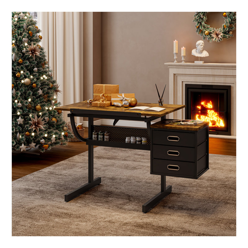 Table à dessin noire avec tabouret et 3 tiroirs