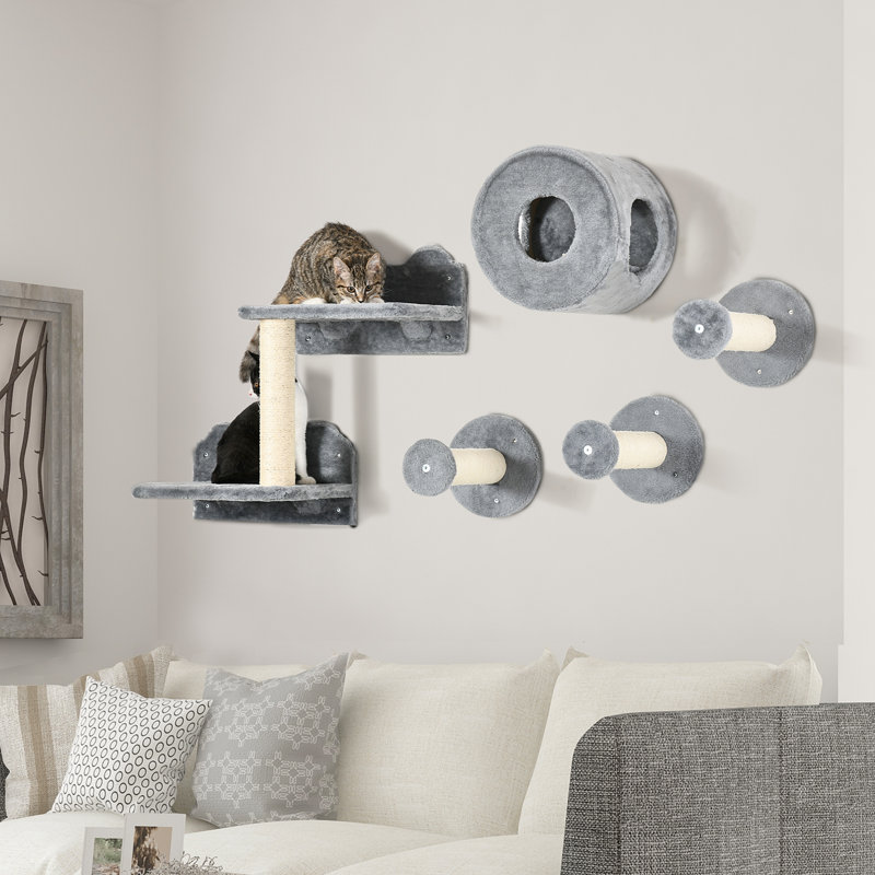5Pcs Cat Wall Shelves, Pet Wall-Mounted Climbing Shelf Set, Kitten Activity Centre With Condo, Cushion, Scratching Post, Jumping Platform, Brown