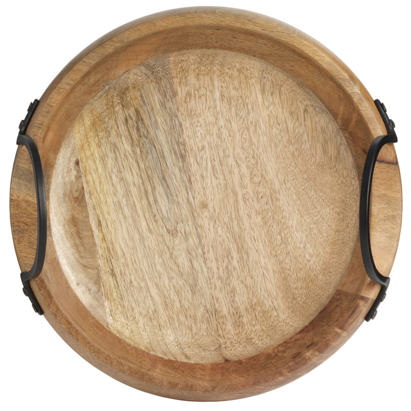 Knox Round Natural Mango Wood Serving Tray with Iron Handles