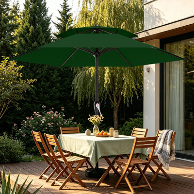 Parasol de patio à 2 niveaux en acier 12 pi avec manivelle lisse, 6 nervures robustes, imperméable et résistant aux rayons UV, parasol de table de patio parfait pour la piscine, la terrasse, la plage et le restaurant extérieur, vert foncé