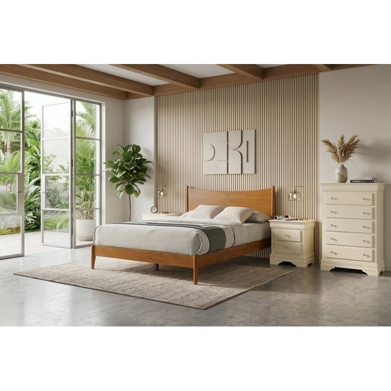 Barvelle Solid Wood 4 Pieces Bedroom Set, 4 Pcs: Bed, Chest, 2 Nightstand, Ivory/Amber Walnut