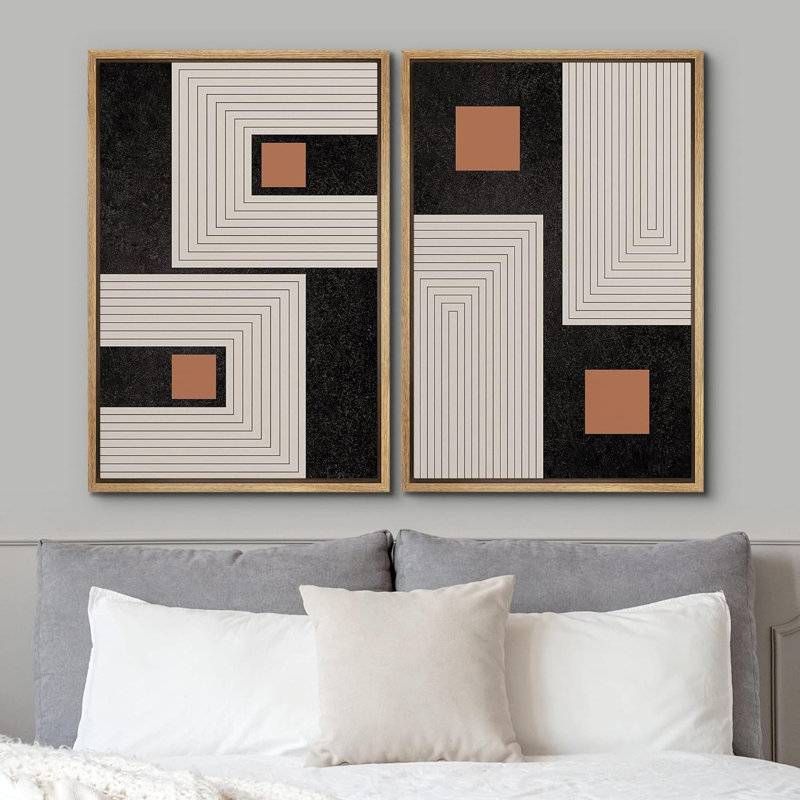 «Black and Brown», ensemble de 2 motifs géométriques en spirale à motif géométrique moderne sur toile, Cadre naturel flottant