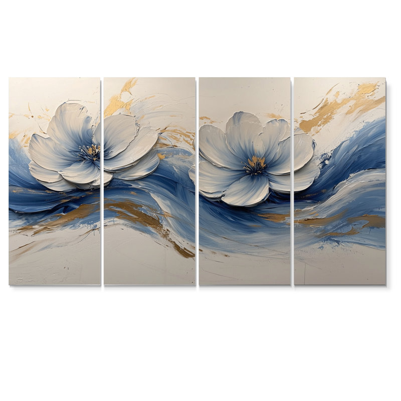Velours blanc, bleu, chrysanthèmes, rivière à encre V - Chrysanthèmes, art mural - Art mural traditionnel sur toile, 4