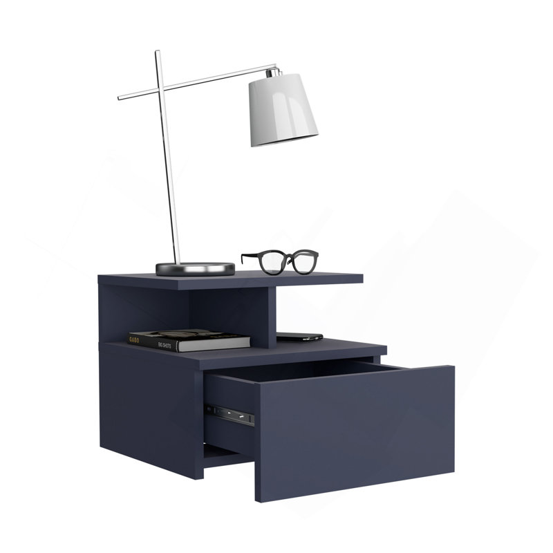Adele Floating Nightstand, With One Drawer And Two Small Below Shelves For Storage Or Decor, Blue, Navy Blue