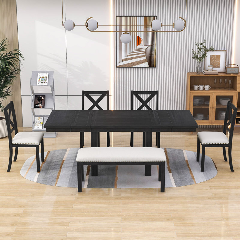 Stanely 6-Piece Extendable Dining Table with Footrest, 4 Linen Upholstered Dining Chairs and Bench, Black
