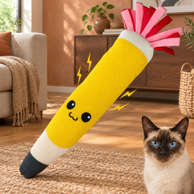 Jouet à mâcher pour chat en forme de crayon allongé, fabriqué en peluche résistante aux morsures avec du papier froissé et de l'herbe à chat biologique.