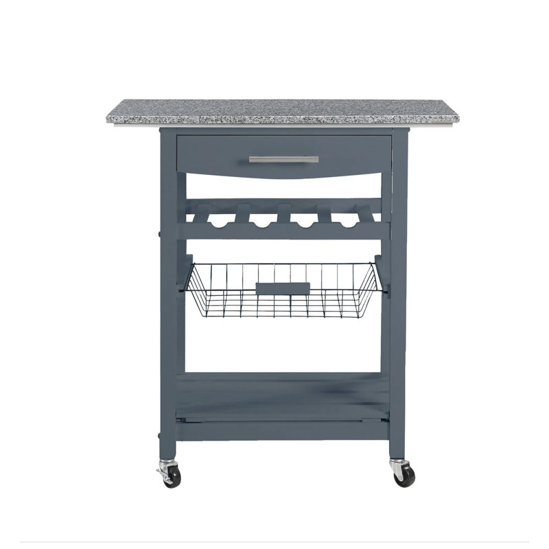 Mobile Rolling Kitchen Island Trolley Serving Cart, Marble Countertop Pine Wood Frame With Drawer & Slide-out Wire Basket, Lockable Casters For Kitchen Dining Room
