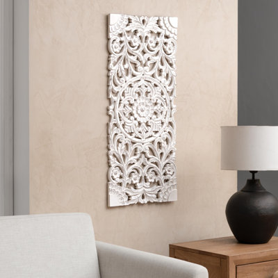 Oliver 16x36" Rectangular Carved Distressed White Floral Medallion Wall Décor