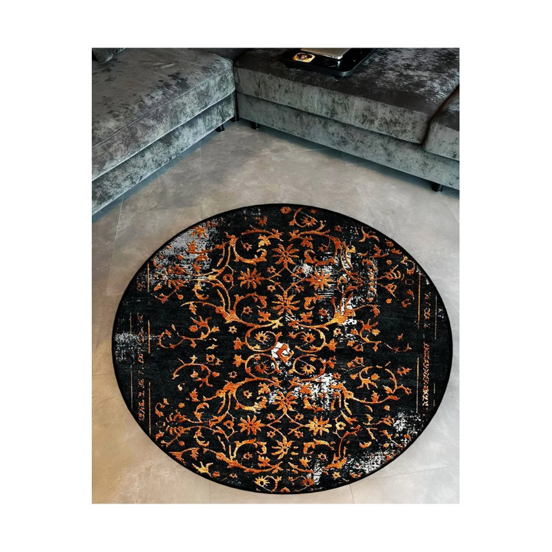 Tapis décoratif moderne à motif antique noir et orange, Rond 4 pi