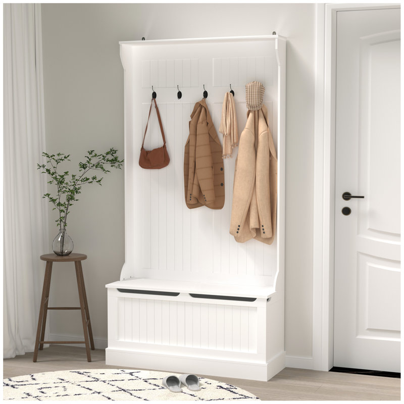 Entryway Bench With Standing Coat Rack, Hall Tree With Shoe Storage Bench, Entryway Organizer With 5 Hooks, White