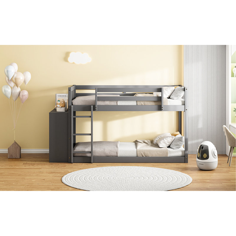 Twin Over Bunk Bed With 3 Shelves And 4 Drawers, Gray Robust Build Drawers - For Space Saving, Gray, Twin