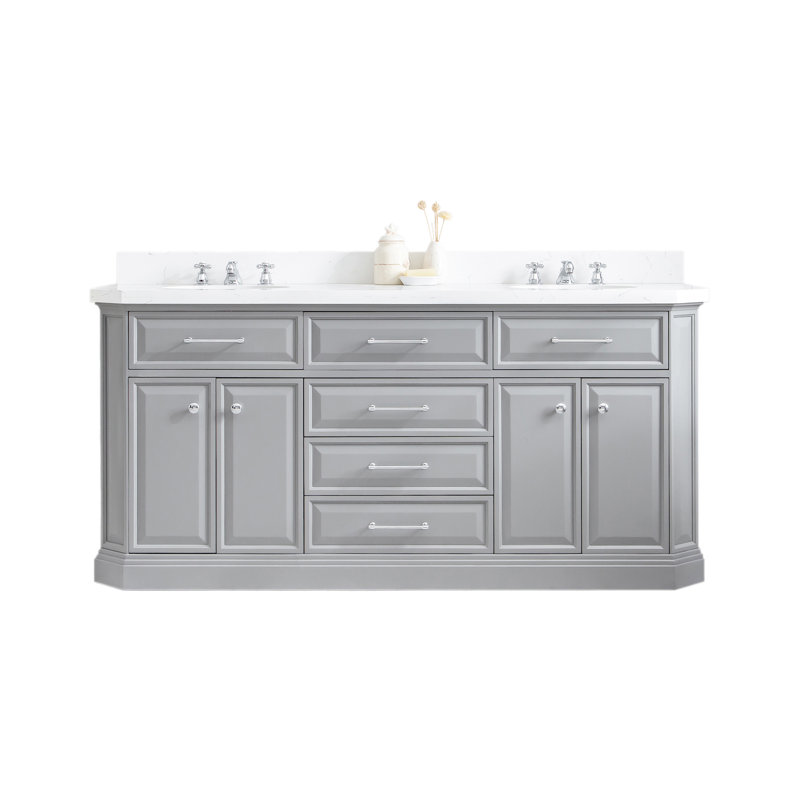 72" Palace Collection Quartz Carrara Cashmere Grey Bathroom Vanity Set With Hardware And F2-0012 Faucets in Chrome Finish