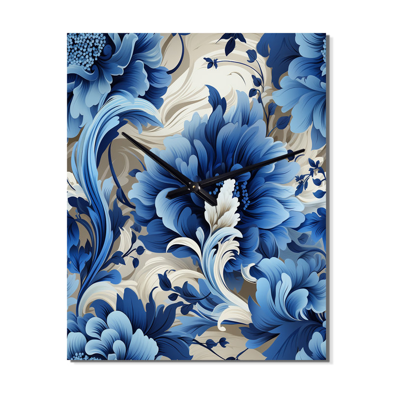 Horloge murale moderne à motif floral victorien bleu I, Petit