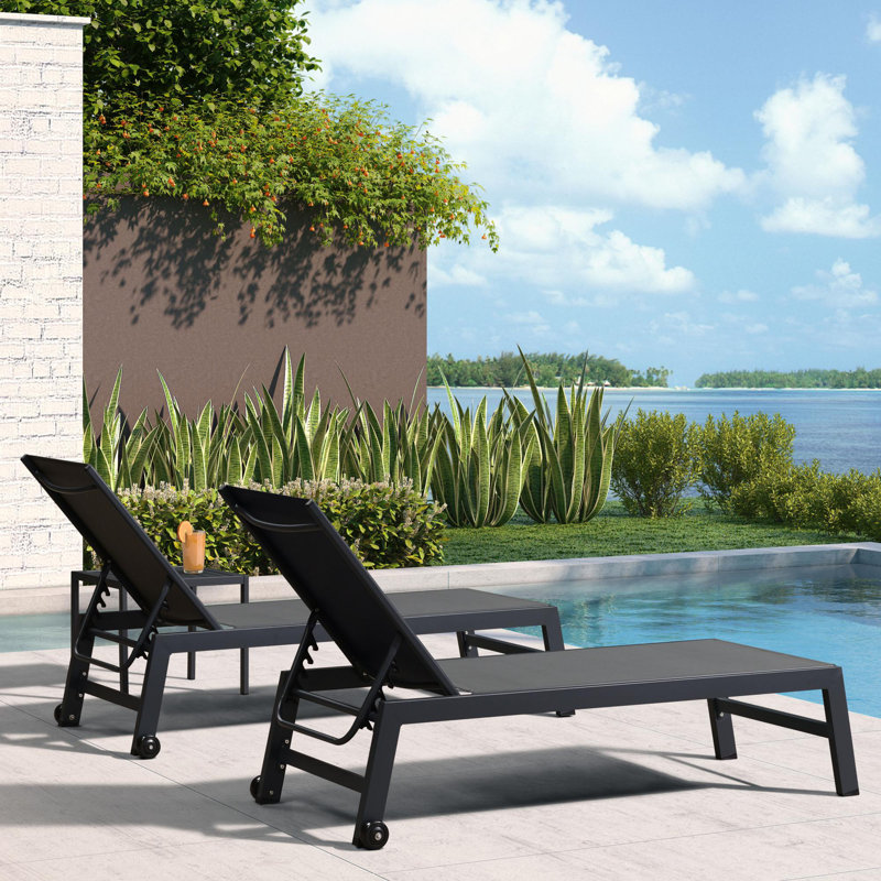 PURPLE LEAF Outdoor Chaise Lounge with Wheels for Outside 2 Pieces Aluminum Patio Lounge Chair with 5 Adjustable Position Sunbathing for Patio, Beach, Yard, Pool, Side Table Included, Grey