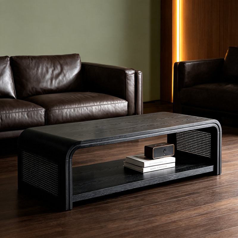 Table basse rectangulaire incurvée avec côtés en rotin, Noir