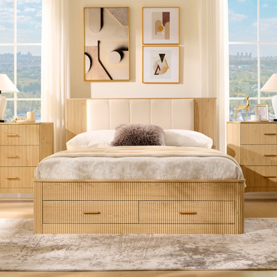 Lit plateforme moderne Adison avec tiroirs de rangement et station de recharge, tête de lit rembourrée avec ports USB et prises électriques, sommier à lattes robustes, montage facile, chêne naturel, sans sommier tapissier, montage facile