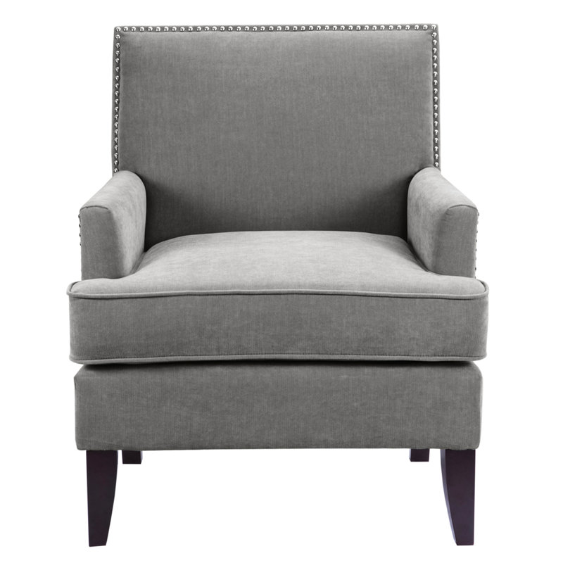 Chaise avec accoudoirs sur rail gris, coussin en mousse haute densité, pieds en bouleau, objet de décoration intérieure, objet de décoration