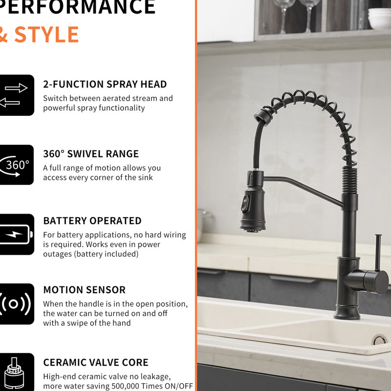 Hands Kitchen Sink Faucet - Touchless Automatic Smart, Motion Sensor Activated, Pull Down , Black Contemporary Style, Brass, Ceramic Filler For Smart With Modern,